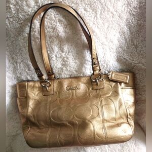 Coach Metallic Gold East West Embossed Signature Leather Tote Bag F17727